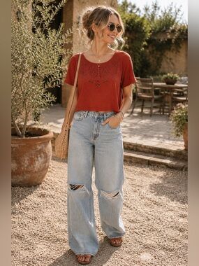 The Hanger Women's Size S Rust Coral Eyelet Cutout Crop Top Boho Western Romance